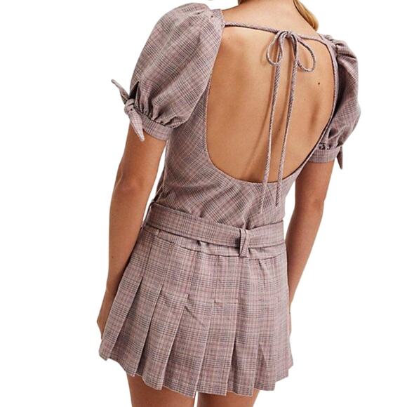 Free People Sevi Plaid Mini Dress Women's XL Drop Waist Belt Pleated Pink NEW - Picture 3 of 8